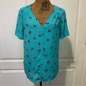 Pleione Teal Floral V-Neck Short Sleeve Blouse Small